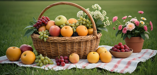 CloseUp de una canasta de picnic con frutas, comida, pan y flores en un prado verde generado por IA