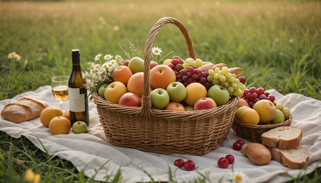 CloseUp de una canasta de picnic con frutas, comida, pan y flores en un prado verde generado por IA