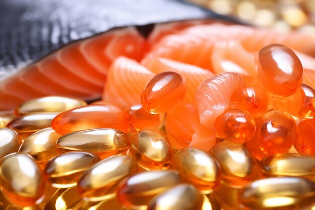 Foto closeup de las cápsulas de omega3 con un fondo