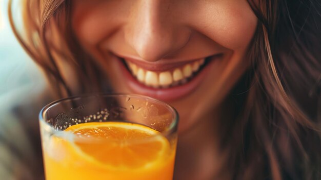 Foto closeup de la cara inferior de una mujer sonriente sosteniendo un vaso de jugo de naranja adornado