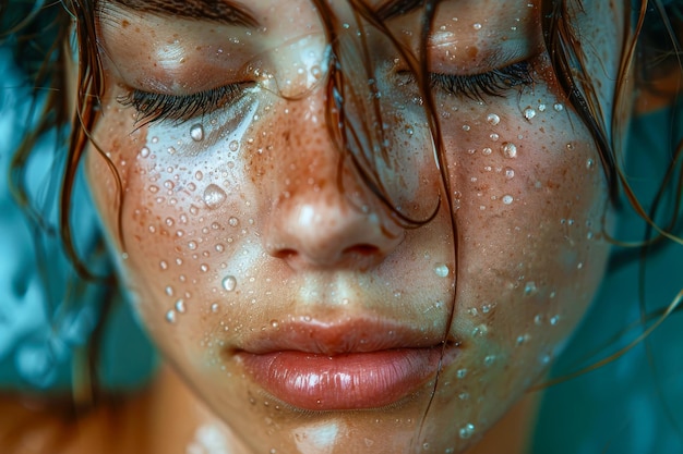 CloseUp de la cara de una mujer con gotas de agua