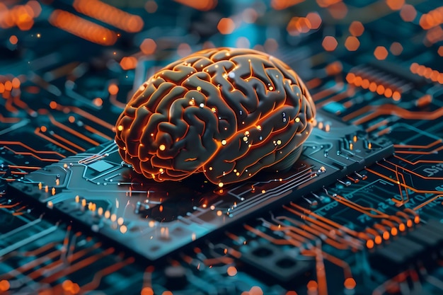 Closeup de un cerebro humano con un circuito impreso de red neuronal que representa inteligencia artificial y grandes datos Concepto Tecnología de IA Redes neuronales Cerebro humano Análisis de grandes datos