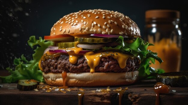 Closeup Cheeseburger en un plato de madera con un fondo borroso