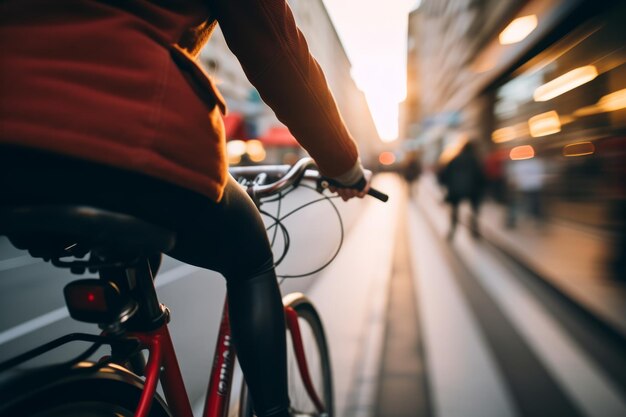 Closeup de un ciclista montando en la ciudad al atardecer enfoque en la mano y el manillar fondo borroso