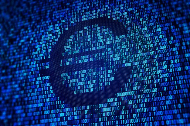 Closeup de código binario en una pantalla digital que destaca el concepto de ciberseguridad de datos y tecnología en un estilo de alta tecnología oscura en un fondo negro Renderización 3D