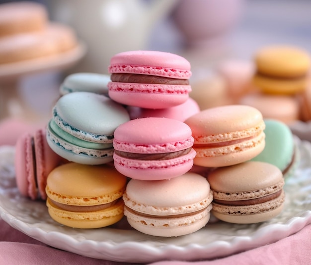 Closeup colorido macaron francês ou italiano na mesa de madeira branca Macarons é francês Generative AI