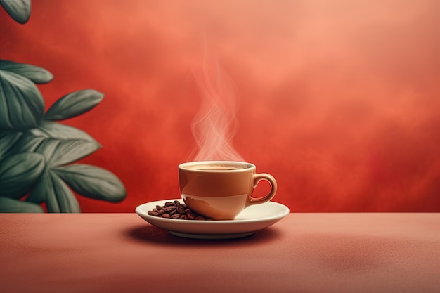 Closeup com xícara e grãos de café sobre a mesa fumaça e fundo gradiente vermelho