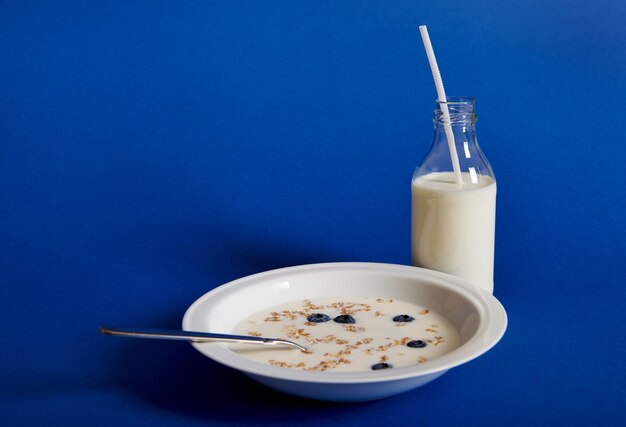 Closeup composição de leite fresco e um prato de muesli com mirtilos, isolado