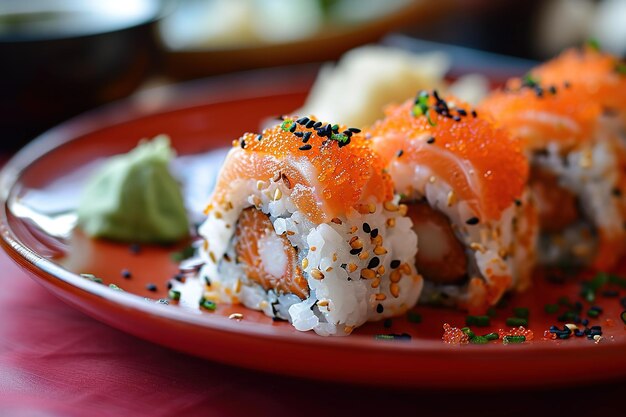 Foto closeup conjunto variado de delicioso sushi apetitoso y rollo en plato rojo