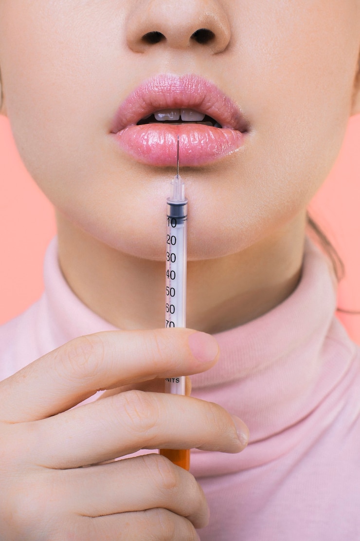 Foto closeup corte jovem com blusa mostrando injeção de medicamento perto dos lábios