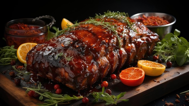 Closeup Costelas Grelhadas com molho de churrasco derretido em um fundo preto e embaçado