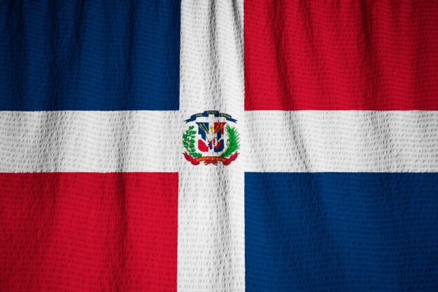 Closeup da bandeira da República Dominicana, bandeira da República Dominicana, soprando no vento