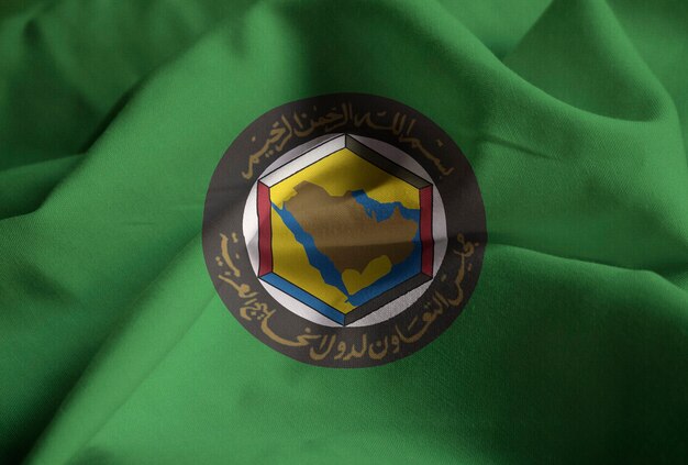 Closeup da bandeira do Conselho de cooperação do Golfo de babados, bandeira do GCC, soprando no vento