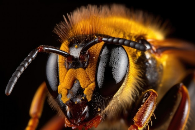 Closeup da cabeça das abelhas com pólen em seu rosto e antenas criadas com generative ai