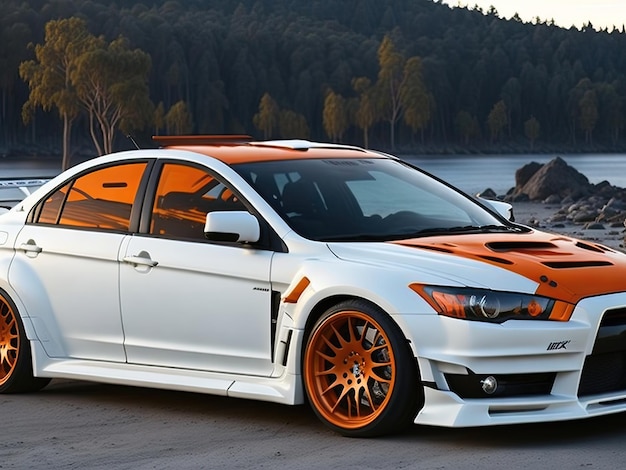 Closeup da foto Um Mitsubishi lancer está estacionado em uma rua