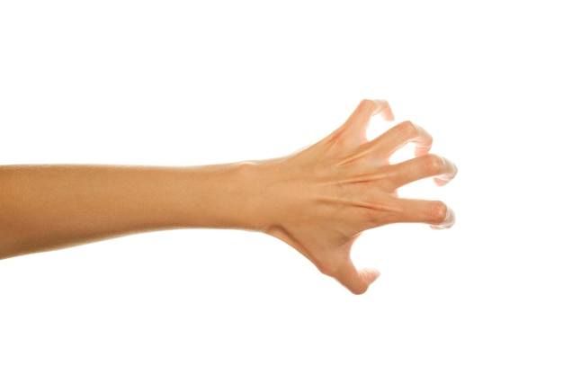 Closeup da mão da mulher e dedos rasspavleny dobrados Isolado