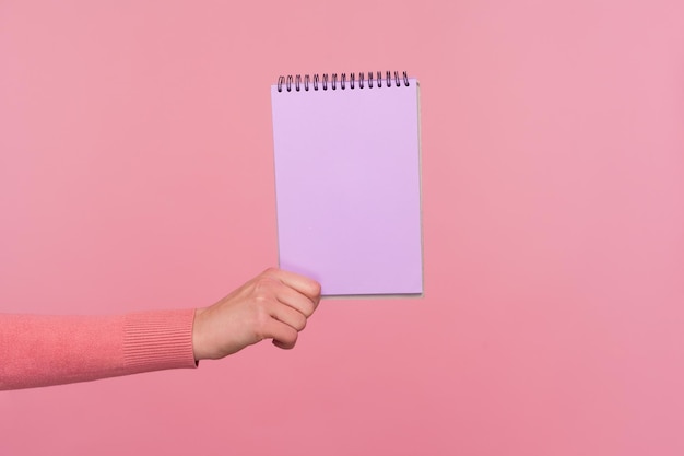 Closeup da mão feminina segurando o caderno em branco, espaço vazio para texto comercial, área de publicidade em papel, lista de tarefas, ideia de negócio. Tiro de estúdio interior isolado no fundo rosa