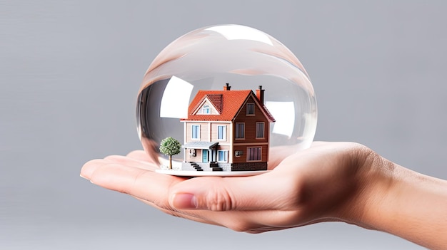 Closeup da mão segurando uma proteção de vidro bolha com pequena casa dentro