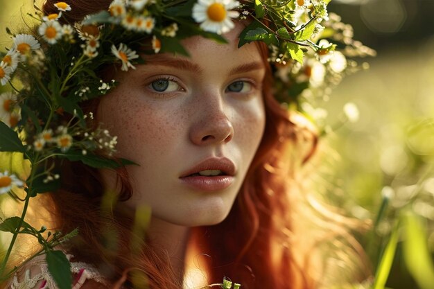 Closeup da menina ruiva com coroa de flores no prado de verão