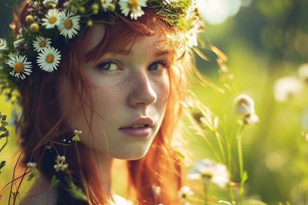 Closeup da menina ruiva com coroa de flores no prado de verão