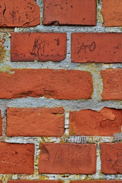 Closeup da parede de tijolos vermelhos e espaço de cópia no exterior de uma casa ou edifício da cidade Detalhe da textura do projeto de construção de arquitetura áspera do tijolo de rosto em uma antiga estrutura em decomposição