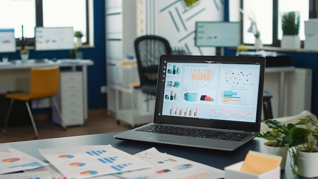 Closeup da tela do laptop mostrando gráficos em movimento e dados financeiros no escritório moderno vazio na empresa de inicialização. Interior do departamento de marketing com computador portátil mostrando dados de negócios na mesa.