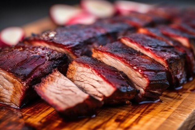 Foto closeup da textura de fatias de peito de churrasco em uma placa