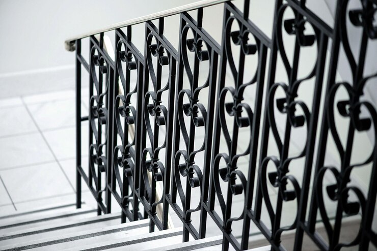 Foto closeup das escadas com corrimãos metálicos decorativos.