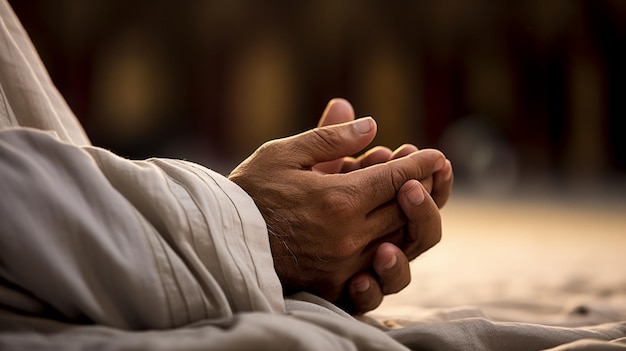 Closeup das mãos de um homem muçulmano rezando com fundo desfocado