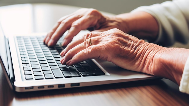 Closeup das mãos de uma pessoa idosa usando um laptop Generative AI
