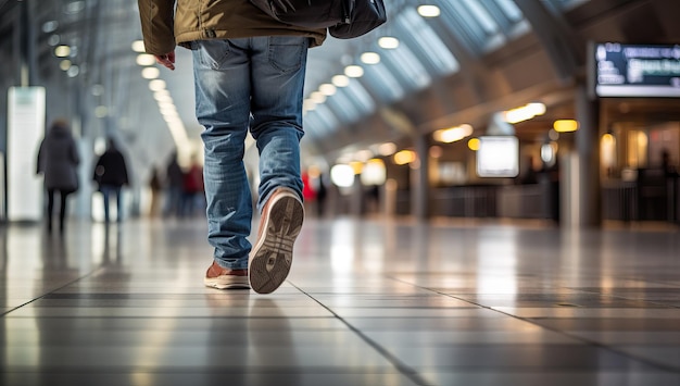 Closeup das pernas de um jovem andando no aeroporto