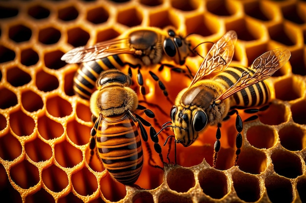 Closeup de abelhas no favo de mel no apiário