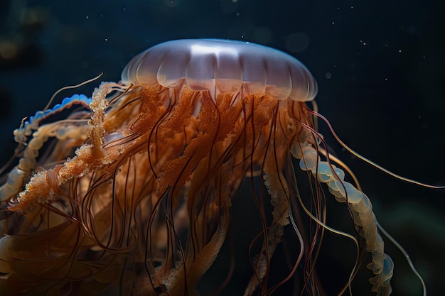 Closeup de água-viva com seus corpos translúcidos e tentáculos visíveis criados com generative ai