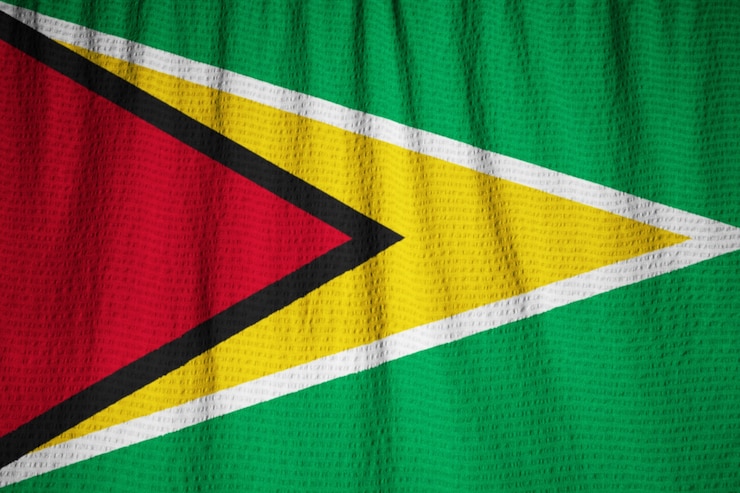 Foto closeup, de, babado, bandeira guiana, guiana, bandeira, soprando, em, vento