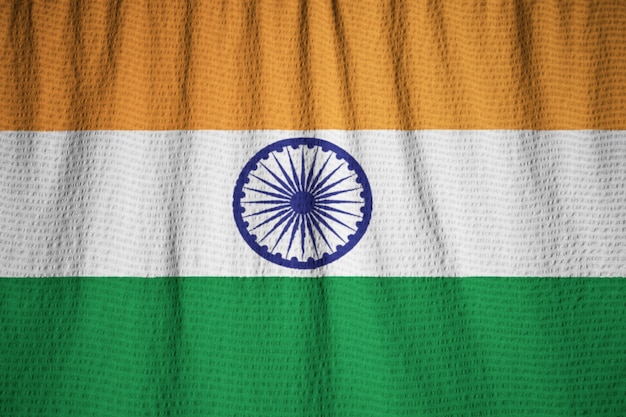 Closeup, de, babado, bandeira índia, bandeira india, soprando, em, vento