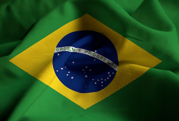 Closeup, de, babados, bandeira brasil, bandeira brasil, soprando, em, vento