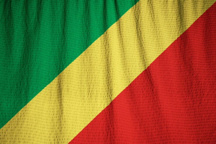 Foto closeup, de, babados, república congo bandeira, república congo, bandeira, soprando, em, vento