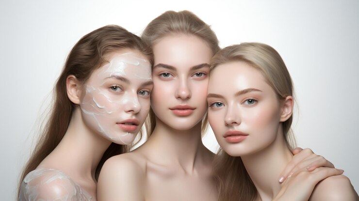 Closeup de beleza brilhante de três mulheres jovens em uma foto de cuidados com a pele