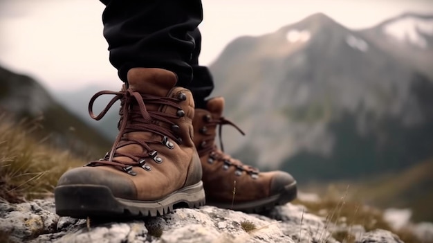 Closeup de botas de caminhada de um alpinista Generative AI