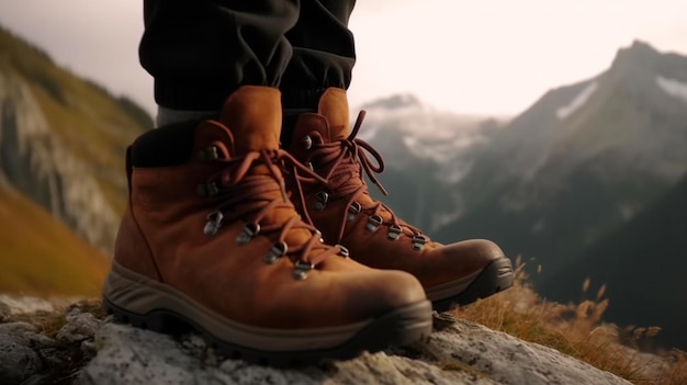 Closeup de botas de caminhada de um alpinista Generative AI