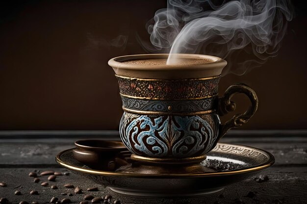 Closeup de café turco com vapor saindo do copo