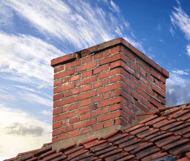 Closeup de calha de chaminé de tijolo vermelho contra o céu azul com nuvens para gás de combustão ou isolamento doméstico no telhado de azulejos projeto de arquitetura na construção de casas para extração de fumaça do forno de lareira