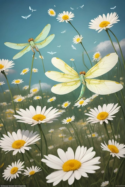 Closeup de camomila de flores silvestres de primavera de campo com borboletas voadoras iluminadas pela manhã vec