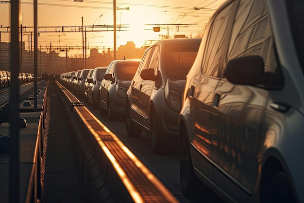 Closeup de carros esperando o trem no cruzamento com o sol se pondo ao fundo