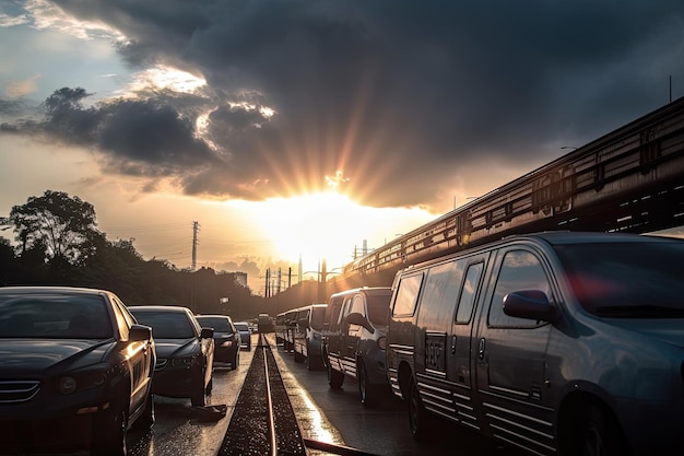 Closeup de carros esperando trem no cruzamento com o sol espreitando por trás das nuvens