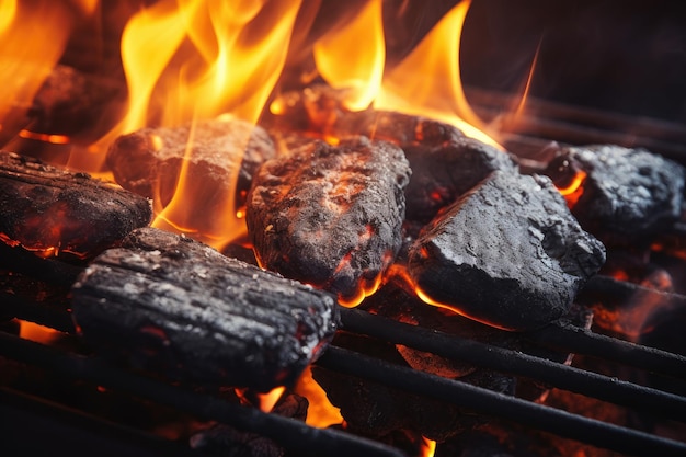 Closeup de carvão em chamas na churrasqueira com chamas e fumaça Churrasqueira com briquetes de carvão quente brilhantes e flamejantes Close Up AI gerado