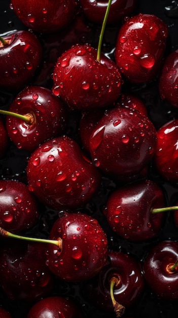 closeup de cerejas vermelhas maduras com fotografia de comida de gotas d'água