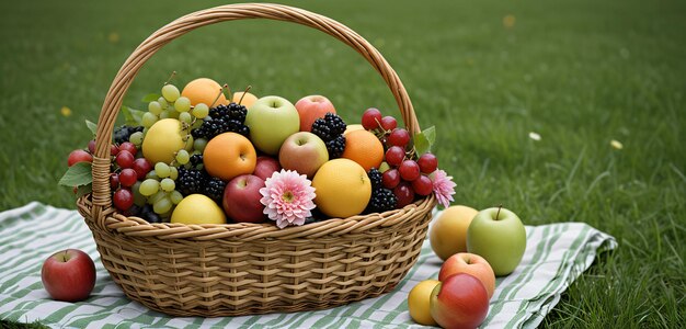 CloseUp de cesta de piquenique com frutas, comida, pão e flores em um prado verde gerado por IA