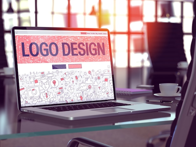 Closeup de conceito de Design de logotipo na página da tela do Laptop no local de trabalho do escritório moderno. Imagem tonificada com foco seletivo. Renderização 3D.