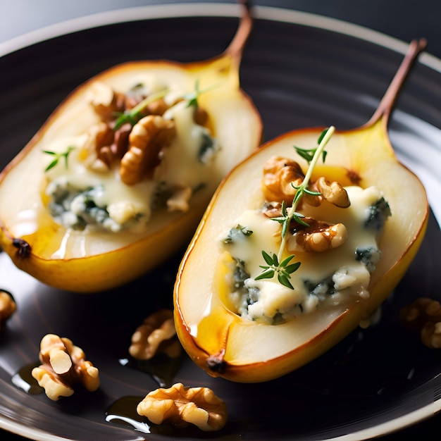 Closeup de conceito de prato gourmet de peras assadas Pêra assada com queijo azul, mel e nozes, servida em um prato escuro sobre um fundo escuro Aperitivo de pêra e queijo azul ou prato de sobremesa